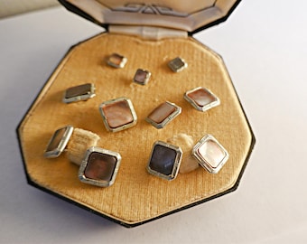 Vintage Tuxedo Cuff Links Shirt Studs 9 Piece Set, Platinum Clad Mother Of Pearl Cufflinks Studs , Men Groom Gift, Men's Jewelry