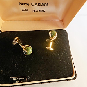 Green JADE Cufflinks, Genuine Jade CUFF LINK,  Pierre Cardin Jade Cuff links, Gemstone Cufflinks, Barbell Jade Cufflinks, Shirt Accessory