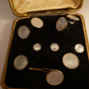 Art Deco Cufflinks Studs, 8 Piece Tuxedo Set, Mother of Pearl Platinum Clad, Groom gift,  1930&#39;s Art Deco Mens Gifts, Gatsby Era