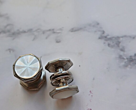 Wedding Cufflinks, White Carved Mother of Pearl A… - image 2