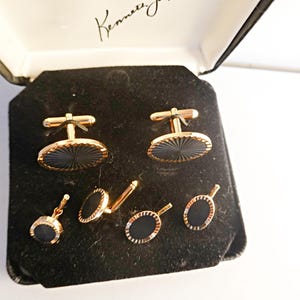 RARE Vintage Kenneth Jay Lane men&#39;s tuxedo jewelry set, cufflinks and four shirt studs, 18K gold overlay, fine jewelry, groom men&#39;s gift
