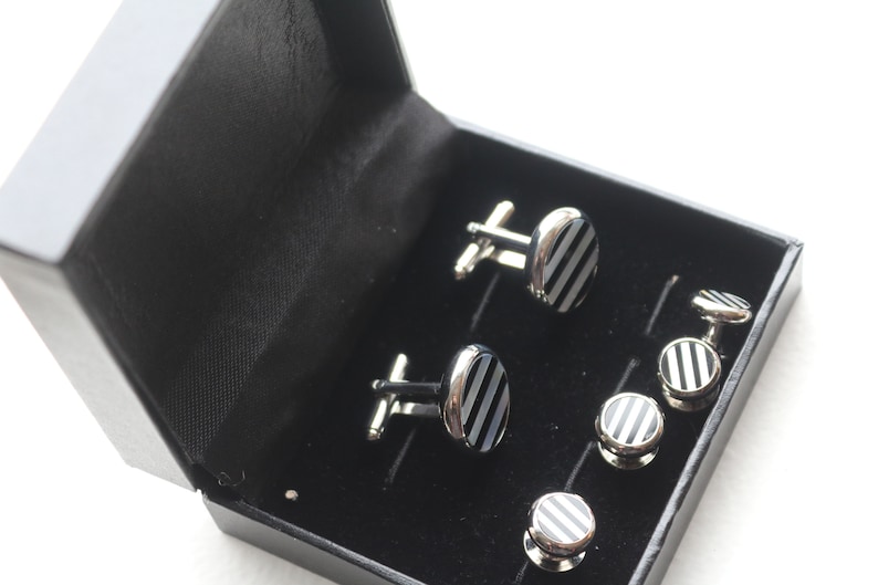 onyx /& mother of pearl Black and White Stripe Wedding Cuff links and Tuxedo Studs cufflinks studs vintage groom,