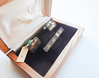 Japanese 950 Silver 24k Inlay Damascene Cufflinks Tie Bar, Unique Gift for Man, Men's Fine Jewelry