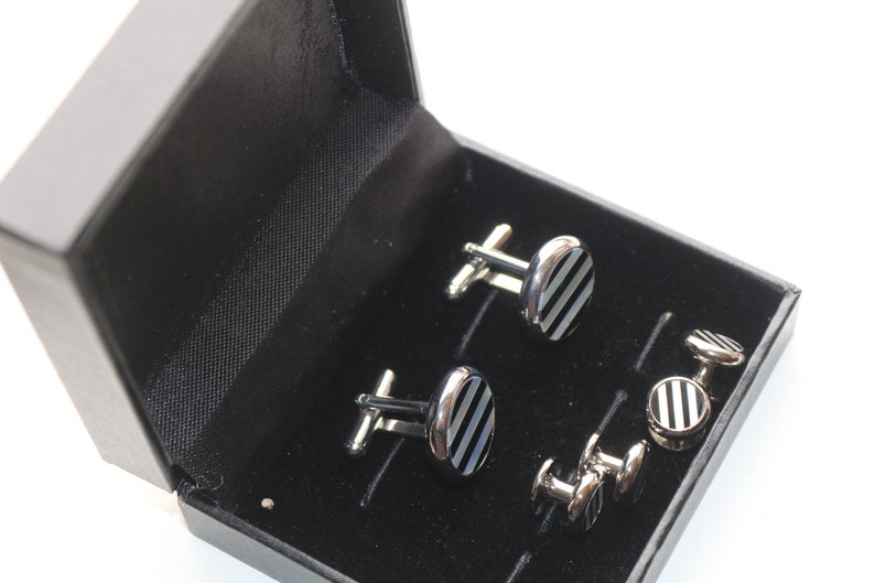 onyx /& mother of pearl Black and White Stripe Wedding Cuff links and Tuxedo Studs cufflinks studs vintage groom,