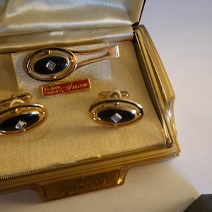 Vintage Cufflinks Tie Bar, Black Onyx Diamond Gold Filled Cufflinks, Wedding Cufflinks, Special Occasion Cufflinks, Mens Gifts, Fine Jewelry