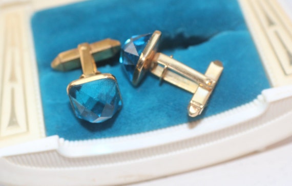 Vintage Cufflinks, Blue Crystal Topaz Cufflinks, … - image 1