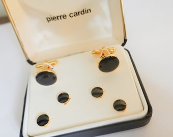 Hochzeit Manschettenknöpfe Hemd Ohrstecker, Schwarzer Onyx Gold Manschettenknopf Ohrstecker, 1970er Jahre Designer Pierre Cardin, Vintage Herren Geschenk, BRÄUTIGAM, Geschenk