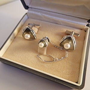 Juego de gemelos para corbata con perlas cultivadas de plata de ley y perlas de abulón vintage, gemelos con perlas japonesas, joyería fina para hombre, 30.° aniversario
