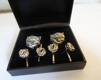 Sterling zilveren knoopmanchetknopen met bijpassende Tuxedo Studs Complete 6pcs Set, Mid Century Brutalist Formele Huwelijksgeschenken,