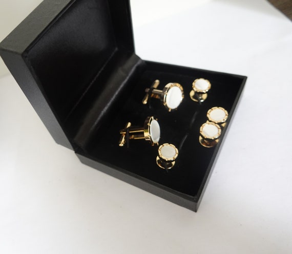 Cufflinks Studs. White Mother of Pearl Gold Tuxedo