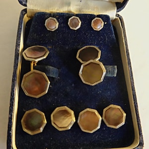 Vintage Tuxedo Cuff Links Shirt Studs 9 Piece Set,  Mother Of Pearl Abalone Cufflinks Studs , Men Groom Gift, Men&#39;s Jewelry, Dated 1916