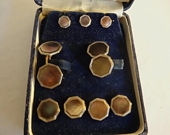Vintage Tuxedo Cuff Links Shirt Studs 9 Piece Set,  Mother Of Pearl Abalone Cufflinks Studs , Men Groom Gift, Men's Jewelry, Dated 1916