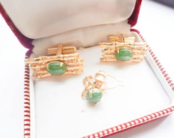 Boutons De Manchette Vintage En Jade Vert - Argent .925, Pour Homme, Occasion