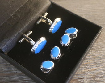 Vintage Tuxedo Cufflinks Shirt Studs -  - Blue  Tuxedo Cufflinks Shirt Studs - Men's Jewelry - Something Blue-Unisex Tuxedo St