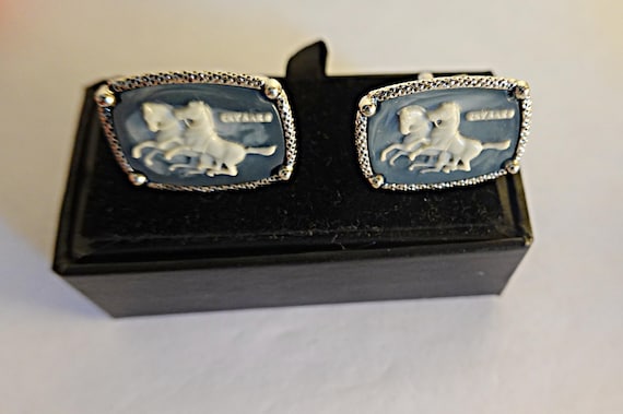 Jasper Ware Blue Cufflinks, Vintage Horse Cufflinks, Horse  Vintage Kentucky Derby Cuff Links main image 0