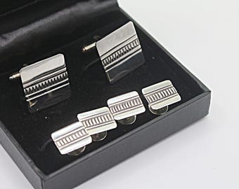 Harris Joe Navajo Artist Signed Sterling Silver Cufflinks and Four Matching Tuxedo Studs, Sterling Tux Fine Jewelry Set, Rare Tuxedo Studs