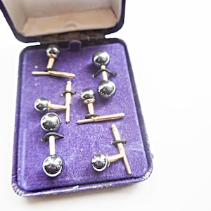 Vintage Tuxedo Cuff Links Shirt Studs Set, Gold Filled Barbell Black Hematite Cufflinks Studs, Minimalistic Cuff Link Studs, Men GROOM Gift
