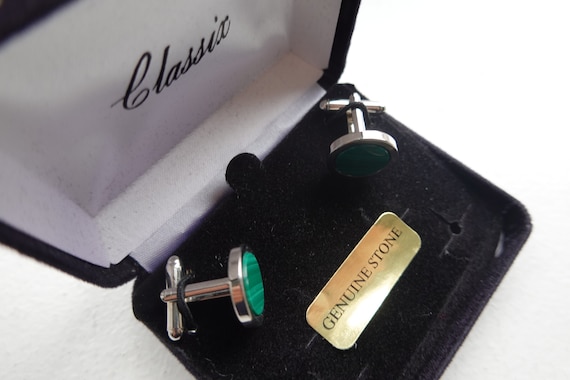 Gemstone Cufflinks, Malachite Cufflinks,  French … - image 1