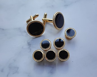 Wedding  Tuxedo Cufflinks Studs, Black Onyx Gold Cufflinks 6 Studs, Wedding Cufflinks, Vintage Groom Gift, Men's Wedding Gift