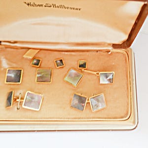 Tuxedo Cufflinks and Studs, Abalone, Yellow Gold Plate Wedding Cufflinks, Vintage Groom Gift, Men&#39;s Wedding Tuxedo Cufflinks