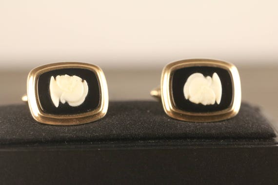 Krementz Gold Filled Cufflinks, Black White Cameo… - image 1
