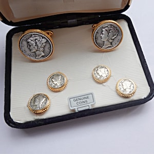 Vintage Mercury Dime Silver Coins Cufflinks Studs Set- Vintage Coins- Coin Collector gift, Historical Coins, Wedding Cufflinks-Numismatist