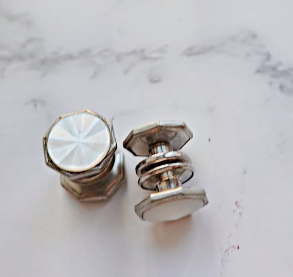 Wedding Cufflinks, White Carved Mother of Pearl A… - image 1