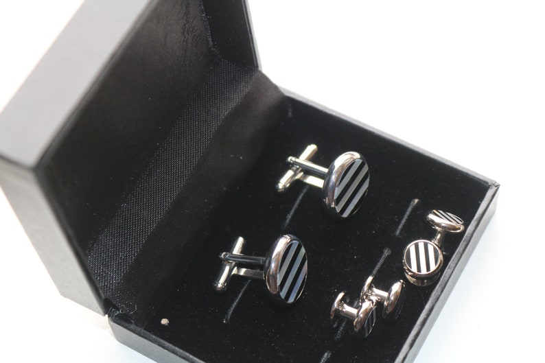 onyx /& mother of pearl Black and White Stripe Wedding Cuff links and Tuxedo Studs cufflinks studs vintage groom,