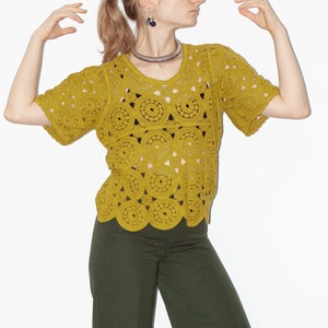 Vintage 100% Cotton Crochet Boho Green Boxy Shirt Top S/M Festival Style Unisex Knitwear