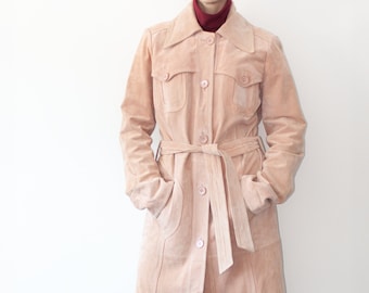 vintage 100% Cuir Long Rose Daim Velours Trench Veste Ceinture Taille S/M Minimaliste Simple Poitrine Midi Blazer Manteau