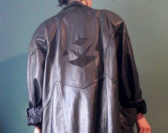 Vintage late 70s leather parka with geometric details oversize style size XL unisex