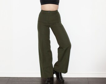 Wool Blend Vintage Pants Classic 80s Style Trousers High Waist Straight Wide Leg Navy Military Green Office XS/S