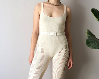 Vintage knitted catsuit overall open back off white lounge statement minimalist unisex unique jumpsuit 90s inspired white crochet size S/M