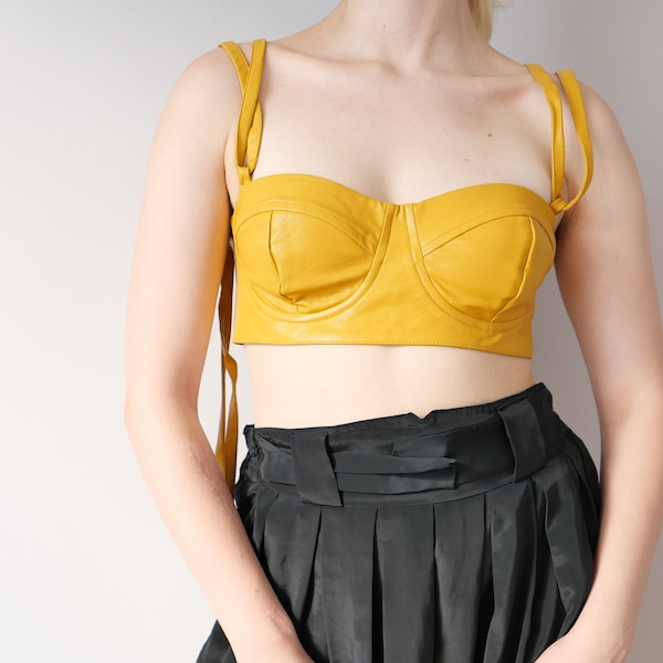 Vintage corset top yellow soft faux leather corsage 90s adjustable size party mustard bra S/M with zipper A/B cup