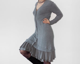 Vintage Winter Knitted Lana Wool Blend Botton Down Ruffle Hem Knit Long Sleeve Slip Bodycon Midi Dress S/M