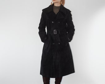 Vintage 100% Leather Black Suede Velour Long Trench Coat Belted S/M