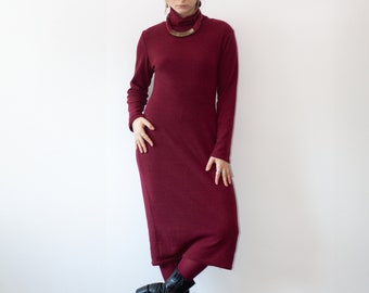 Vintage Wine Red Soft Warm Winter Turtleneck  Bodycon Maxi Dress Long Sleeve Layer