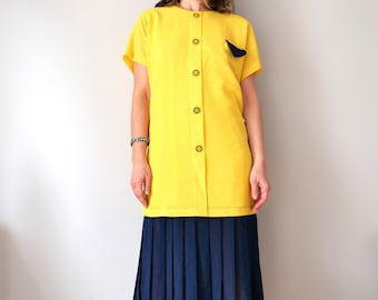 Vintage 80s block colour dress straight broomstick contrast colour yellow blue shirt dress with pleated skirt 20s silhouette size M