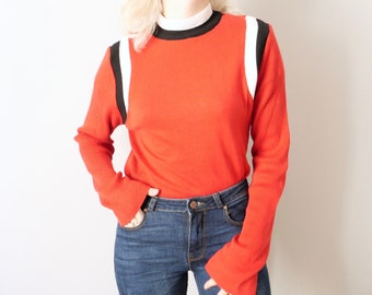 Vintage red bright color contrast detail jumper sporty sweater 90s easy cut cozy unisex jumper size M