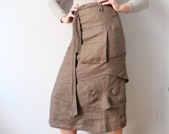 Vintage earthy beige nougat sand asymmetrical layered linen skirt unique shape with pockets 90s romance cottage core cozy skirt size M