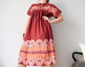 Vintage Indian cotton red dress with half sleeves muselin floral boho cottage core basic capsule dress classics basics size M/L