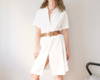 Vintage 100% linen white button down camisole basic cut dress cottage core flax French style romantic 90s size M/L