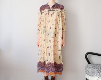 Vintage kurta boho tunic light beige purple muslin thin cotton kaftan dress layer look summer basic size s/m unisex