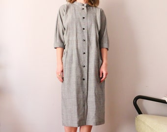Vestido camisero Vichy vintage: estilo cottagecore en blanco y negro con botones (M/L)