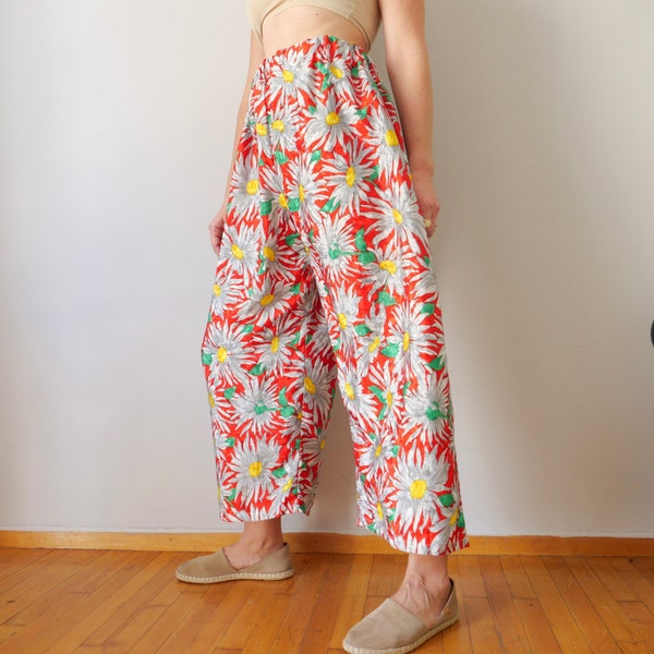 Vintage palazzo high waist red green elastic waist culotte retro floral palazzo daisy slip on lounge easy layer look pants onesize s/l