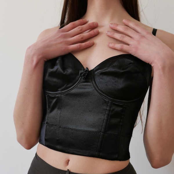 Vintage corset top black satin accessoire corsage 70s 80s ajustable size M