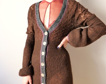 Vintage mohair blend earthy dress chocolate brown phantastic details ribbed wool puff sleeves basics size S/M