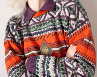 Vintage Lana Wolle Fair Isle Polo Pullover - Cottagecore Pullover Größe M