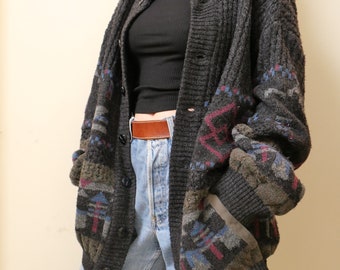 Vintage Strickjacke mit Zopfmuster: Grobstrick (M-XL)