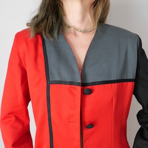 Vintage colour block red black grey YSL style blazer 80s with shoulder pads minimalist basic capsule jacket orange asymmetrical size M/L